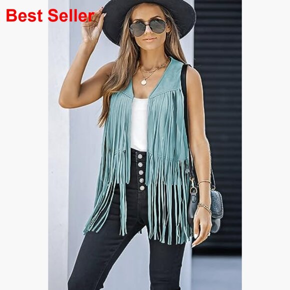Faux Suede Fringe Vest Sleeveless Western Outerwear - Picture 6 of 7